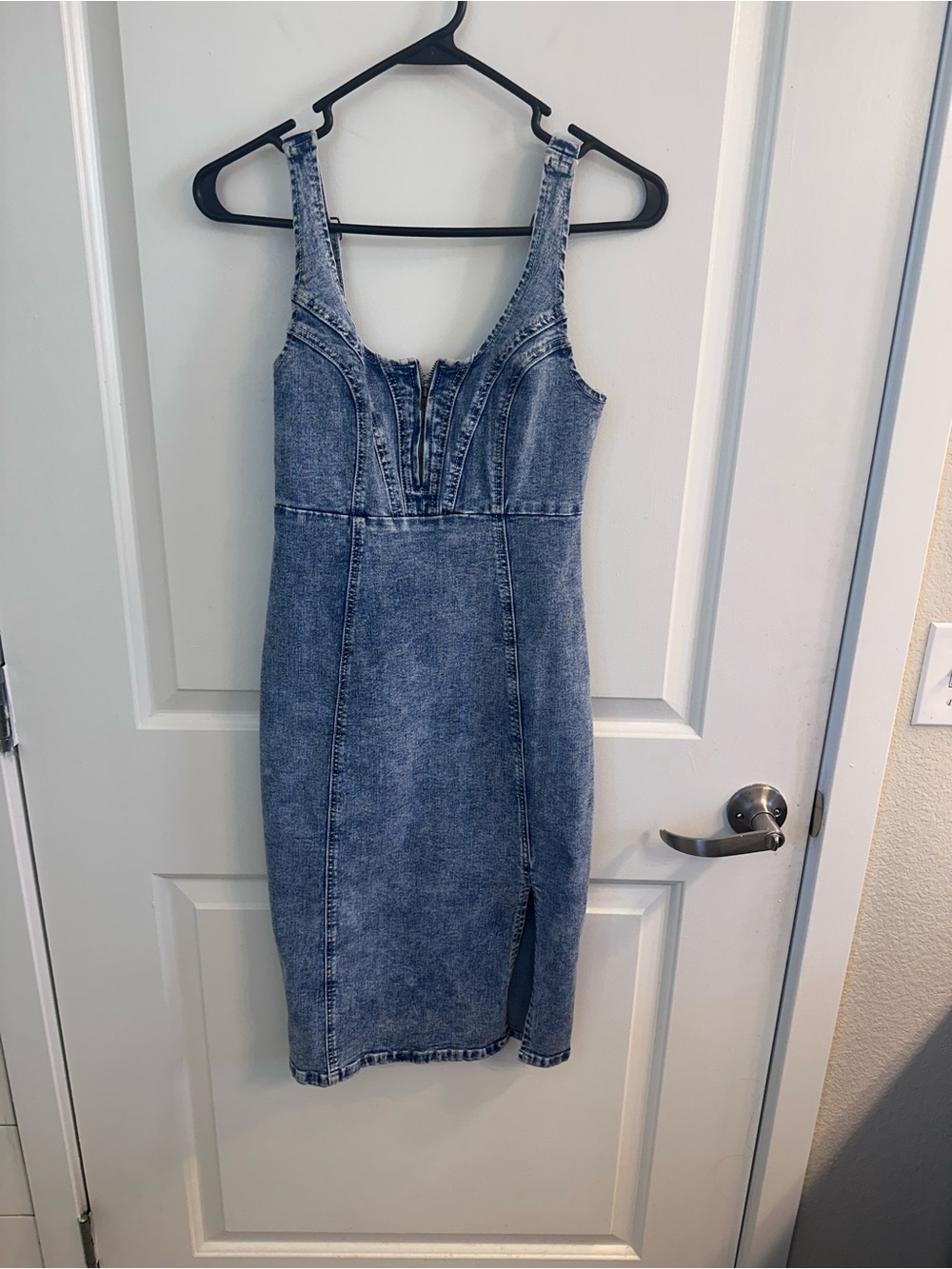 Denim Bodycon Midi Dress with Side Slit - Light Blue - Picture 6 of 13